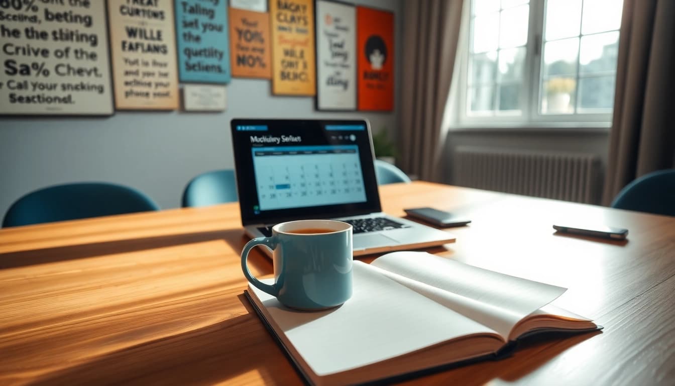 Achieve Peak Productivity in a bright workspace with a laptop and motivational quotes.