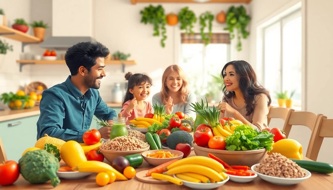 Encouraging Healthy Eating Habits through a family meal in a bright kitchen setting.