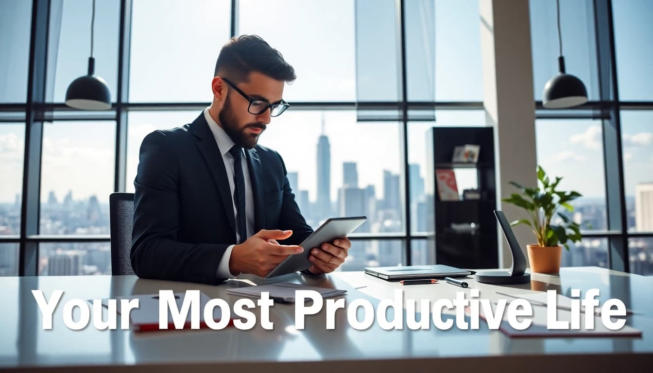 Achieve Your Most Productive Life in a bright, organized workspace with modern tools and inspiring views.