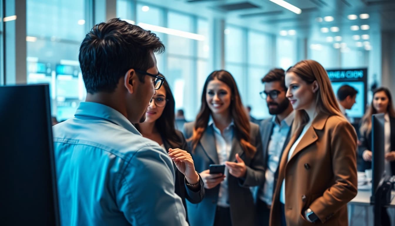 Engaged professionals interacting with Ai agents in a modern office environment, showcasing teamwork.