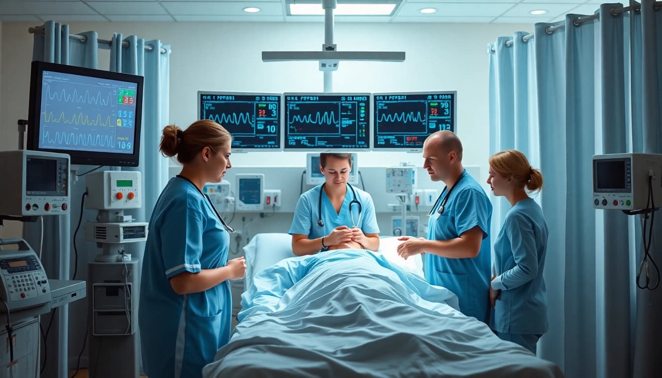 Healthcare professionals providing critical care in an Intensive Care Unit (ICU) environment.