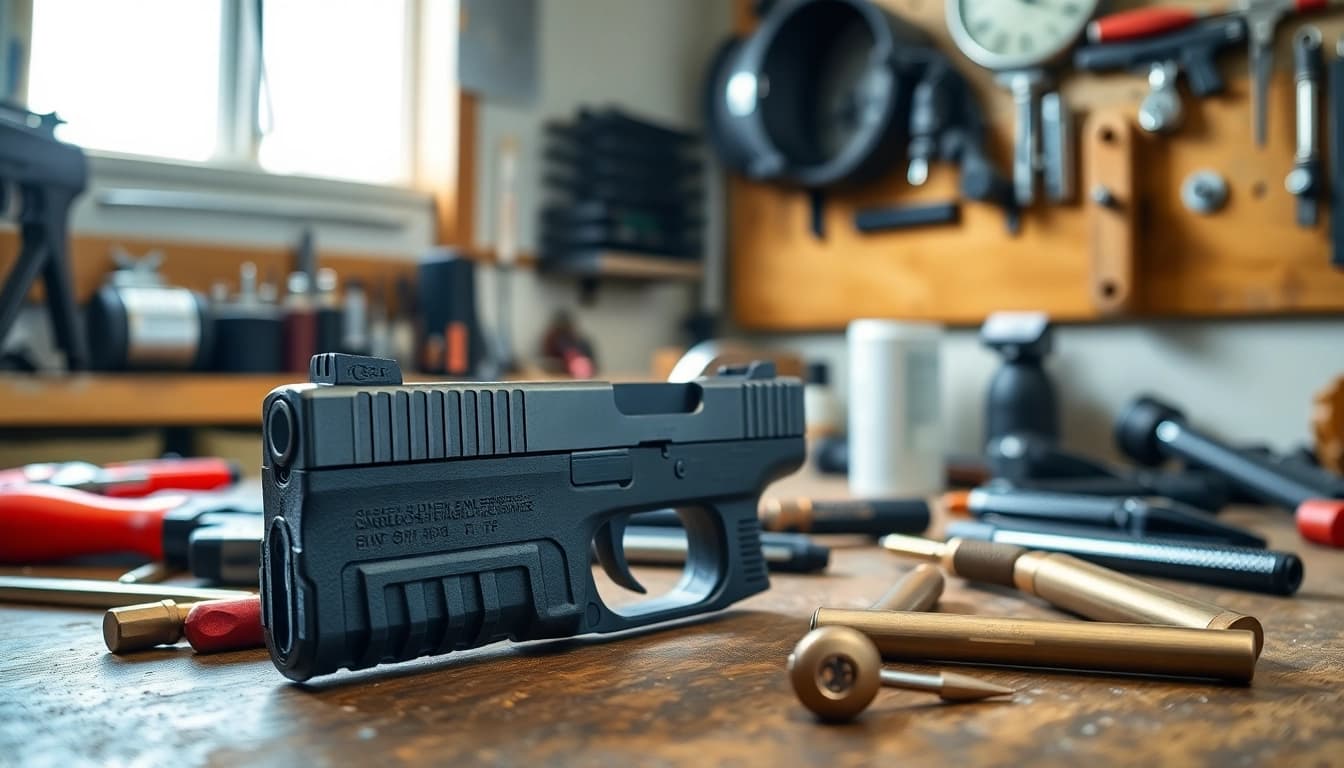 Customize your glock 19 slide with precision tools on a workbench.