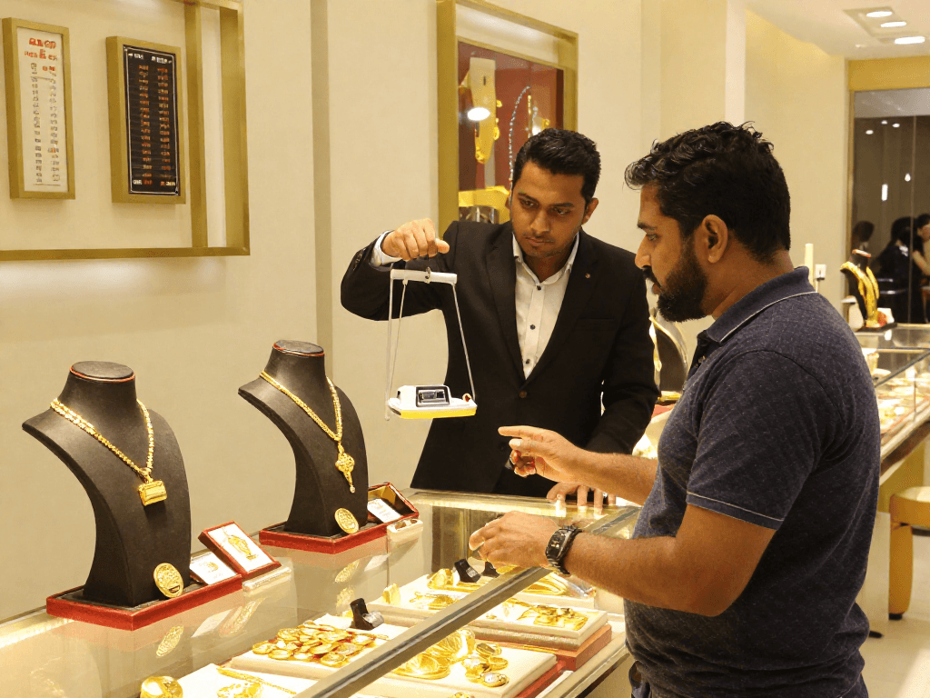 Engaging experience at a jewelry shop for mantra88 login customers checking gold prices in Bahrain.