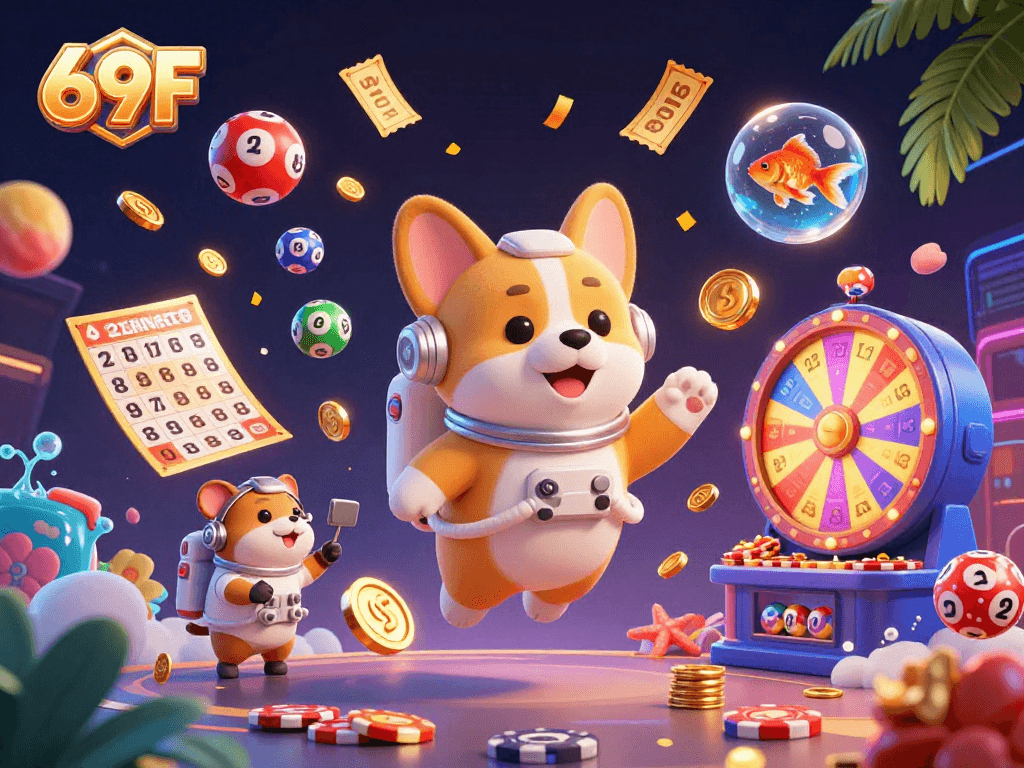 Jogue a sorte no 69F com corgi astronauta e uma cena de cassino espacial divertida.