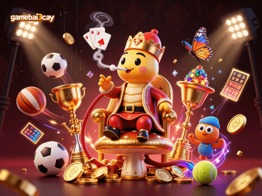 Engage with thrilling gamebai3cay action in a vibrant 3D casino illustration featuring an enchanting caterpillar master.