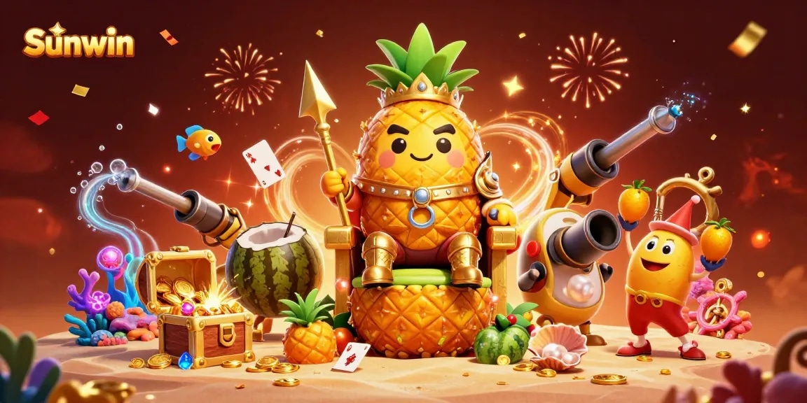 Engage with Sunwin's vibrant casino scene featuring a pineapple king, cannon, and rich treasures.