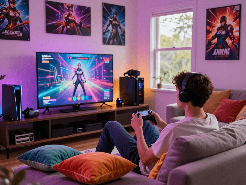 Engaging scene of a gamer playing sex games on a big screen, showcasing a comfortable setting and vibrant ambiance.