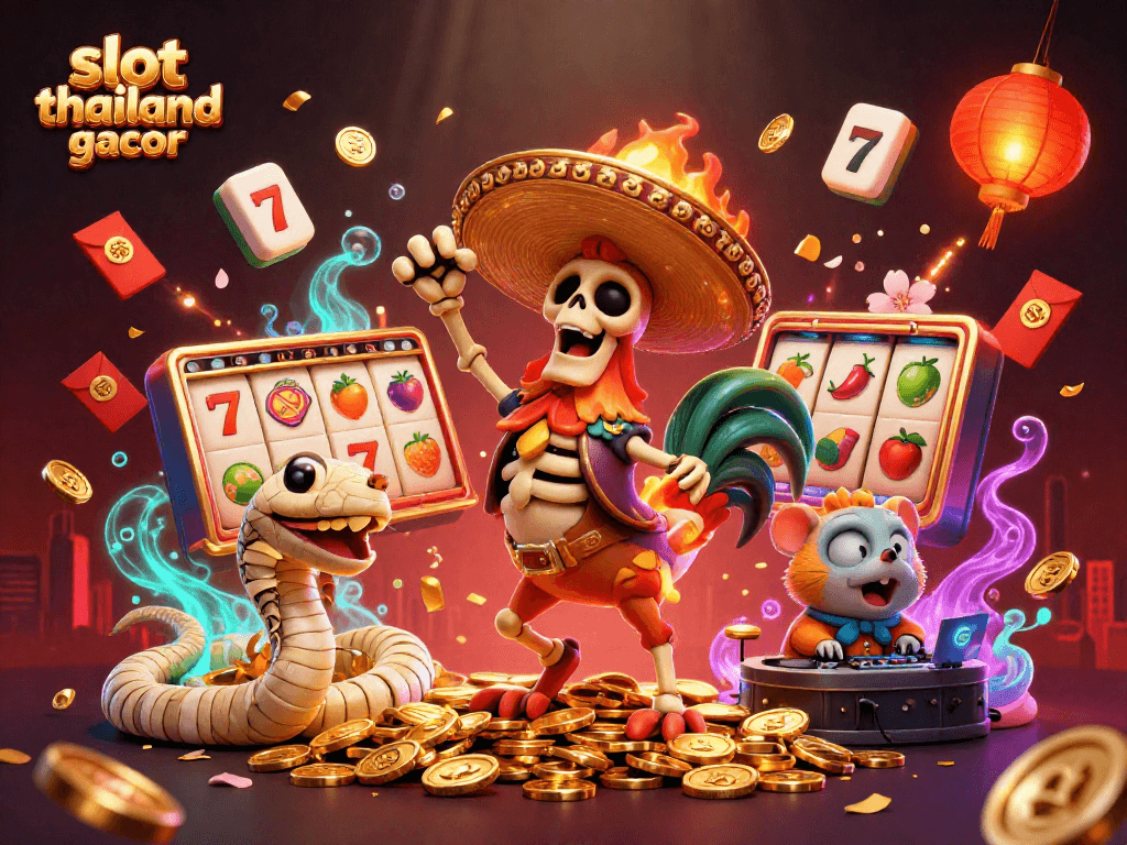 Celebrate your luck with slot thailand gacor featuring lively 3D characters surrounded by vibrant casino elements.