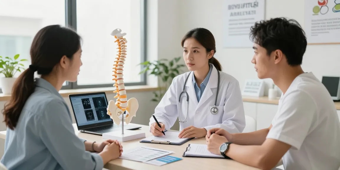 Boyun fıtığı ameliyatı consultation between a surgeon and patient in a modern medical clinic.