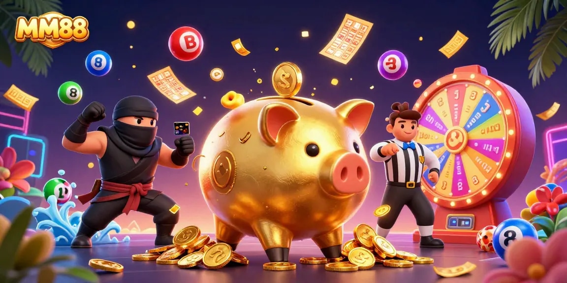 Engage in thrilling gameplay with MM88's vibrant illustration featuring exciting casino elements and characters.
