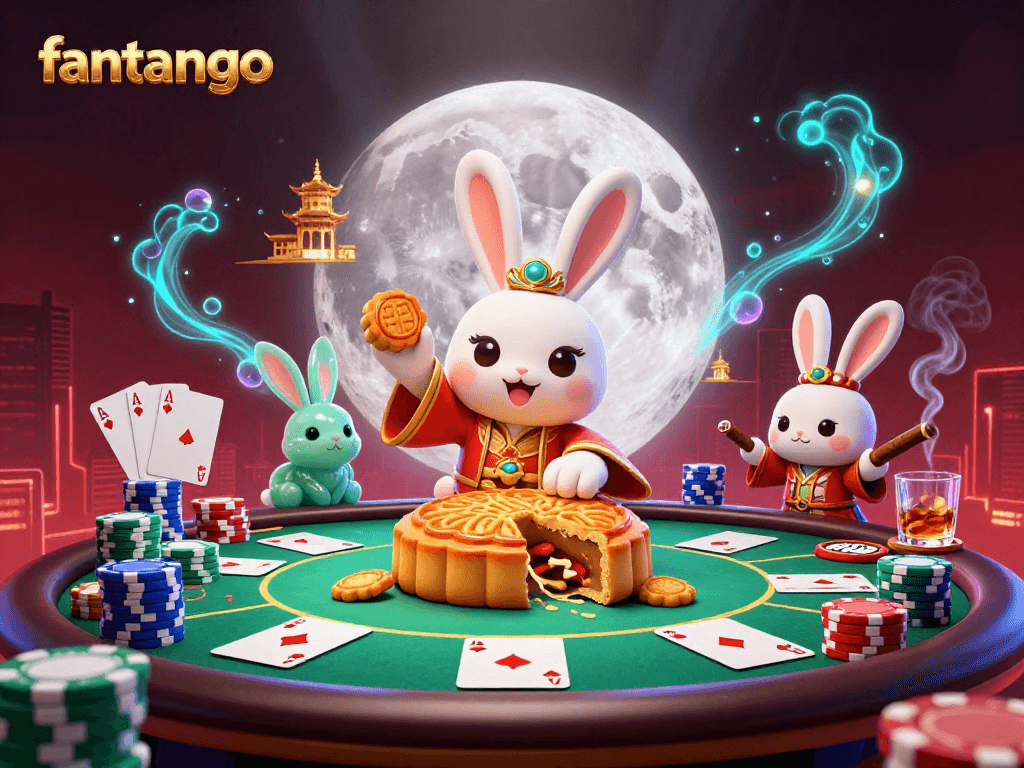 Engage in fantango with a dynamic casino scene featuring a moon rabbit and poker elements.