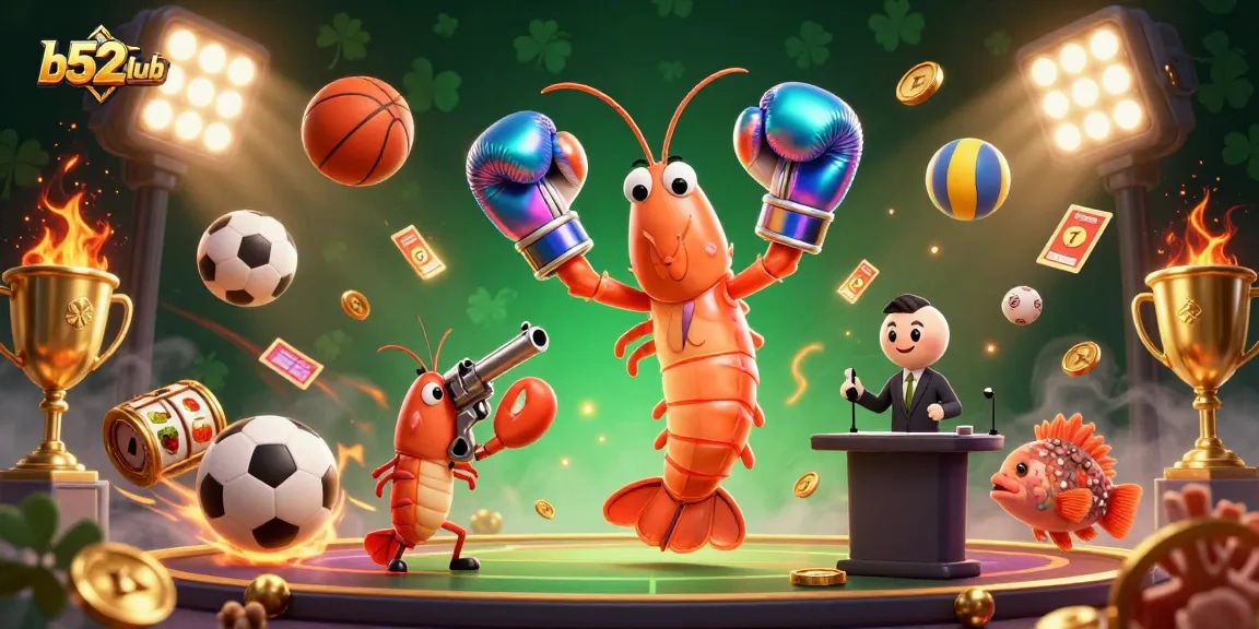Action-packed b52club scene with fierce characters surrounded by dynamic slot elements and trophies.