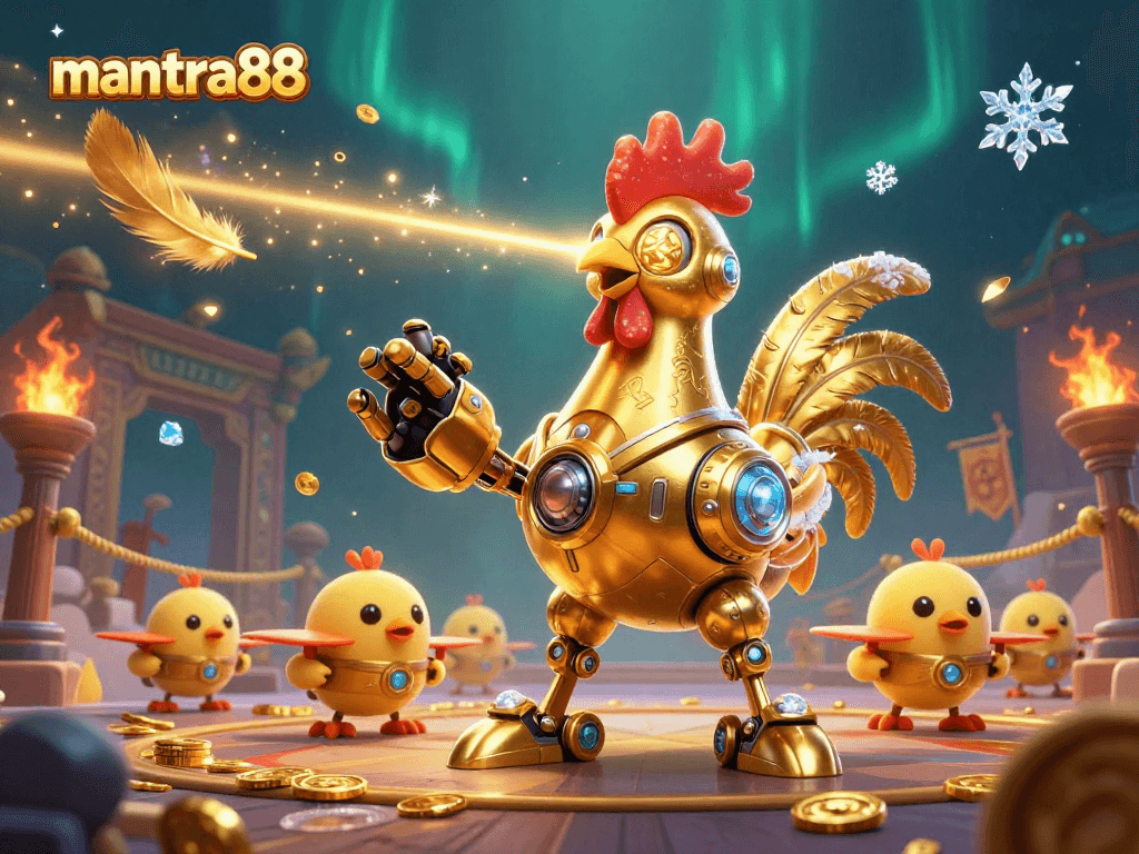 Bet on incredible experiences with mantra88 as golden rooster robot and baby chicks create a dynamic gaming arena.