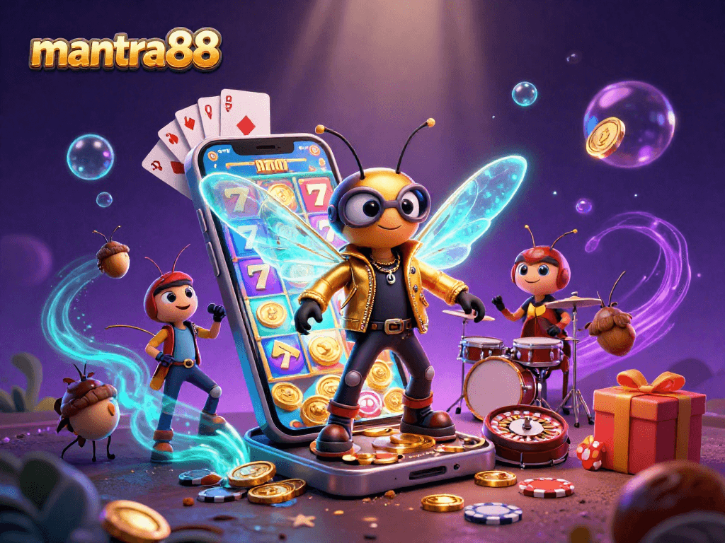 Engage with mantra88 through vibrant 3D illustration depicting a cartoon cicada rock star in an electrifying casino scene.