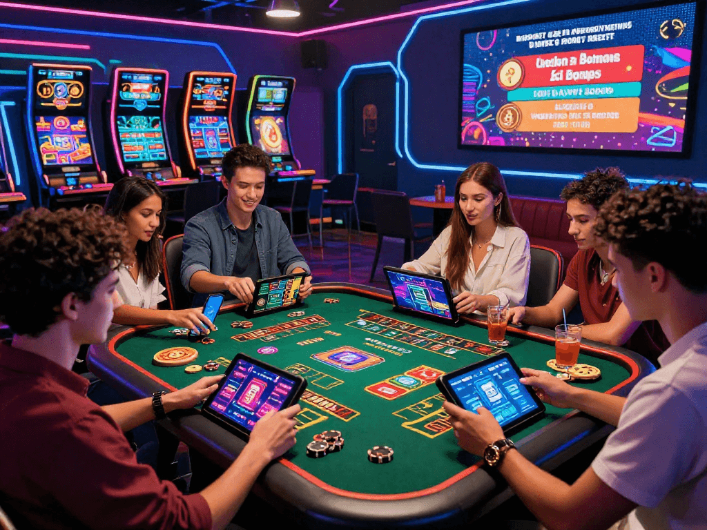 Exciting crypto casino gaming scene with friends using digital devices and vibrant LED displays.
