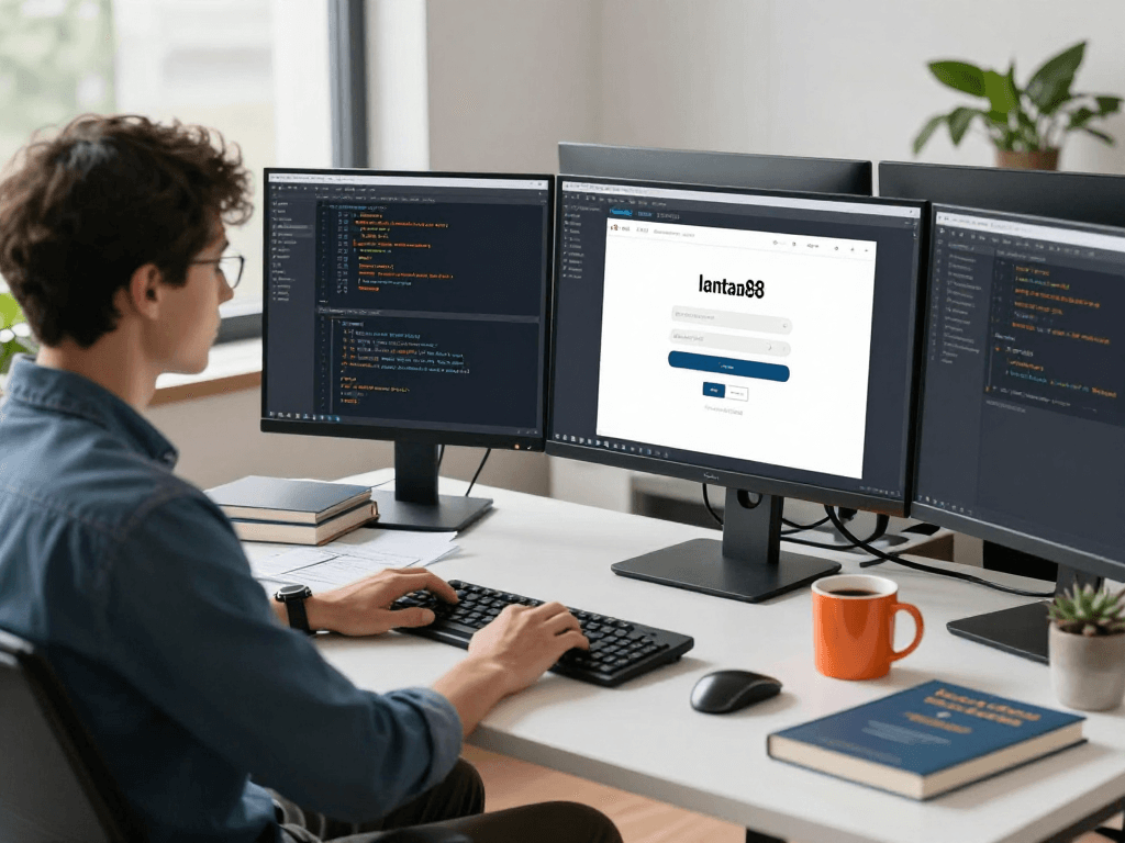 Engaged developer using mantra88 login on multiple screens in a modern workspace.