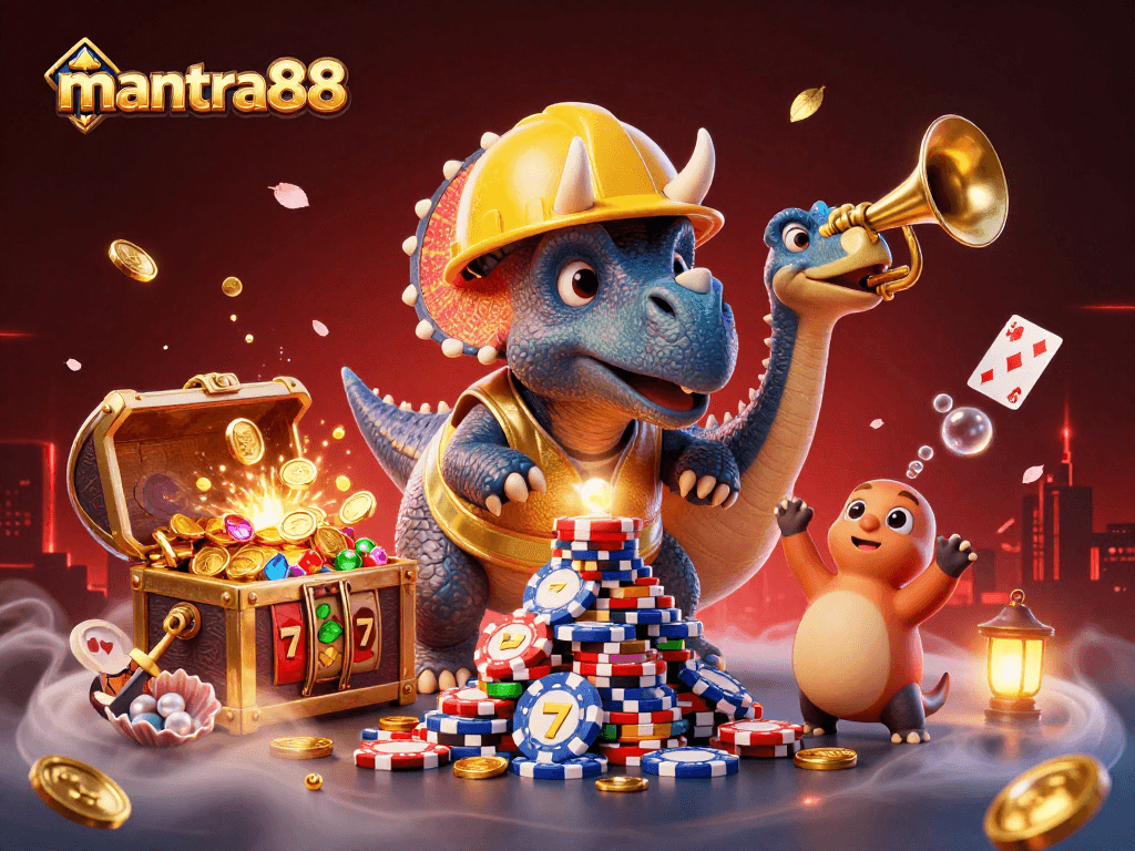 Win big at mantra88 with a vibrant 3D casino scene celebrating poker chip pyramids and congratulatory dinosaurs.