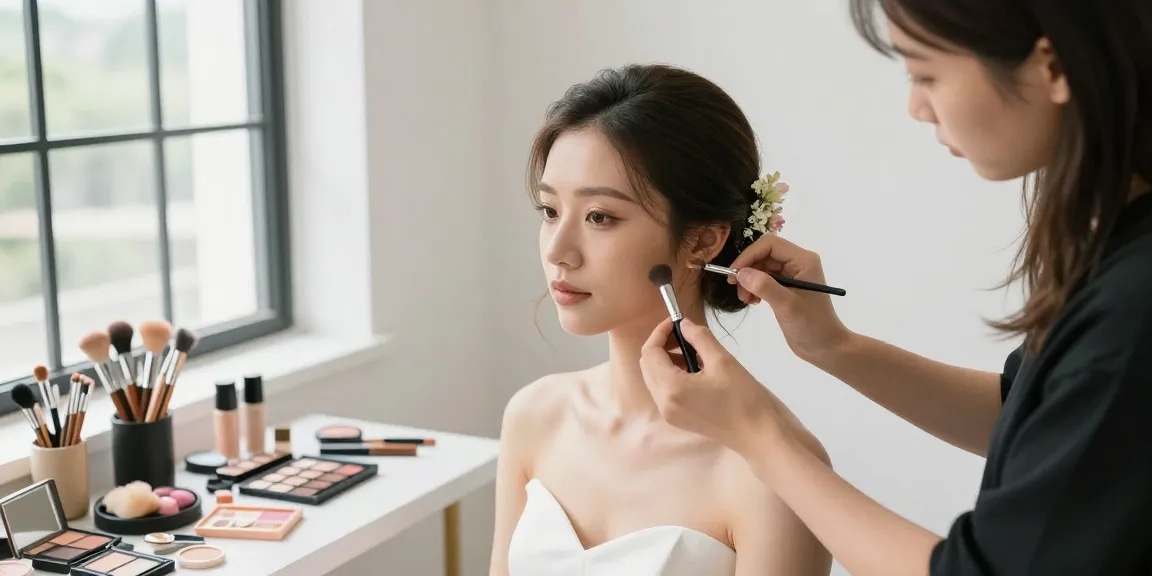 Trucco sposa in un elegante studio con un'artista che prepara una sposa radiosa.
