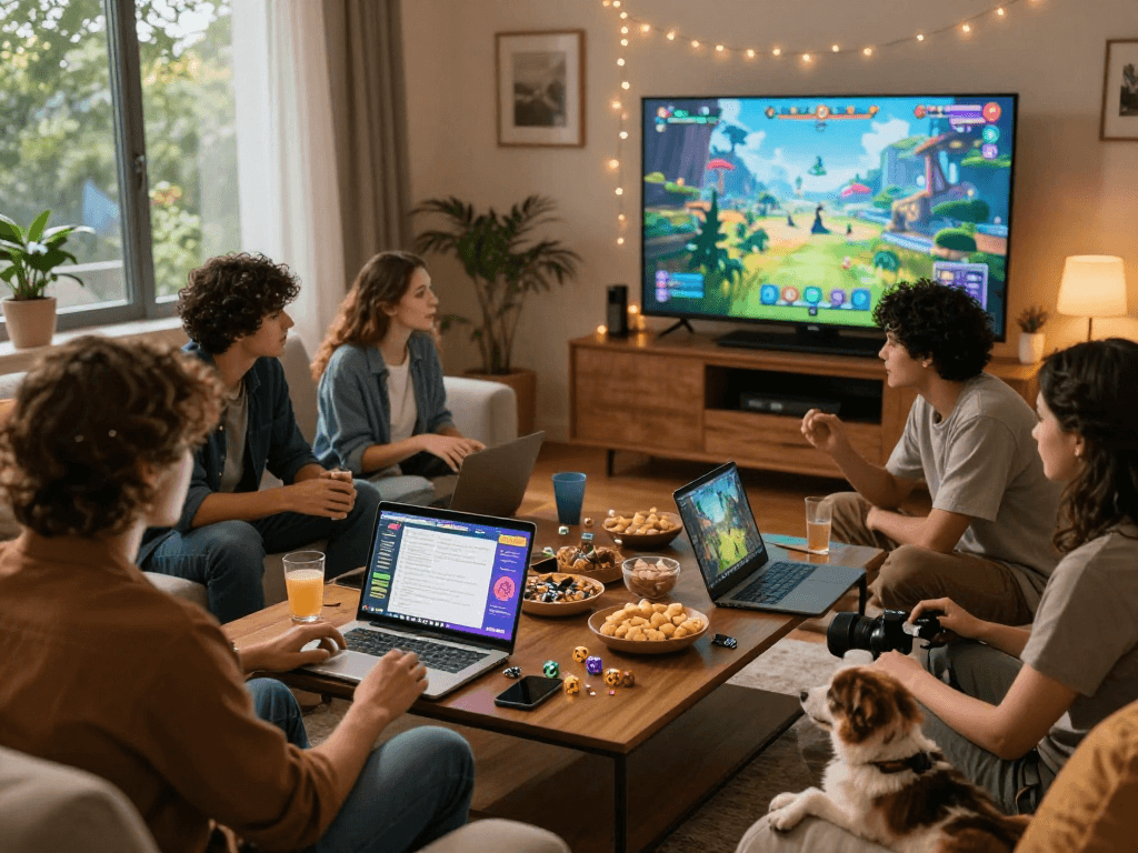 Friends enjoying AI roleplay in a cozy living room setting with laptops, snacks, and warm lighting.