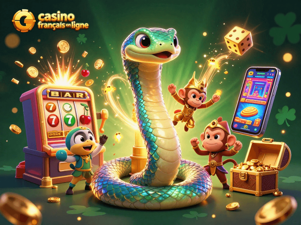 Vivez l'excitation du casino français en ligne avec des symboles de jackpot et une serpente colorée.