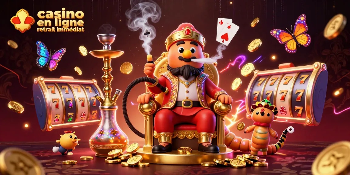 Jouez facilement au casino en ligne retrait immédiat avec des symboles de machines à sous et des pièces d'or étincelantes.