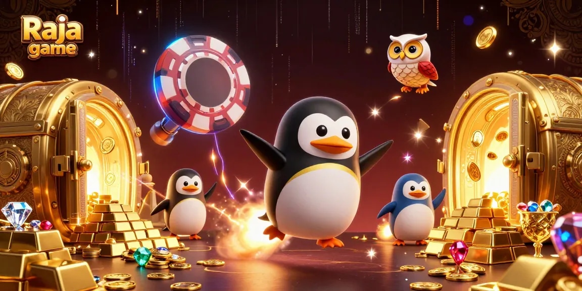 Join the Raja game adventure with a golden penguin soaring through slots and treasures!