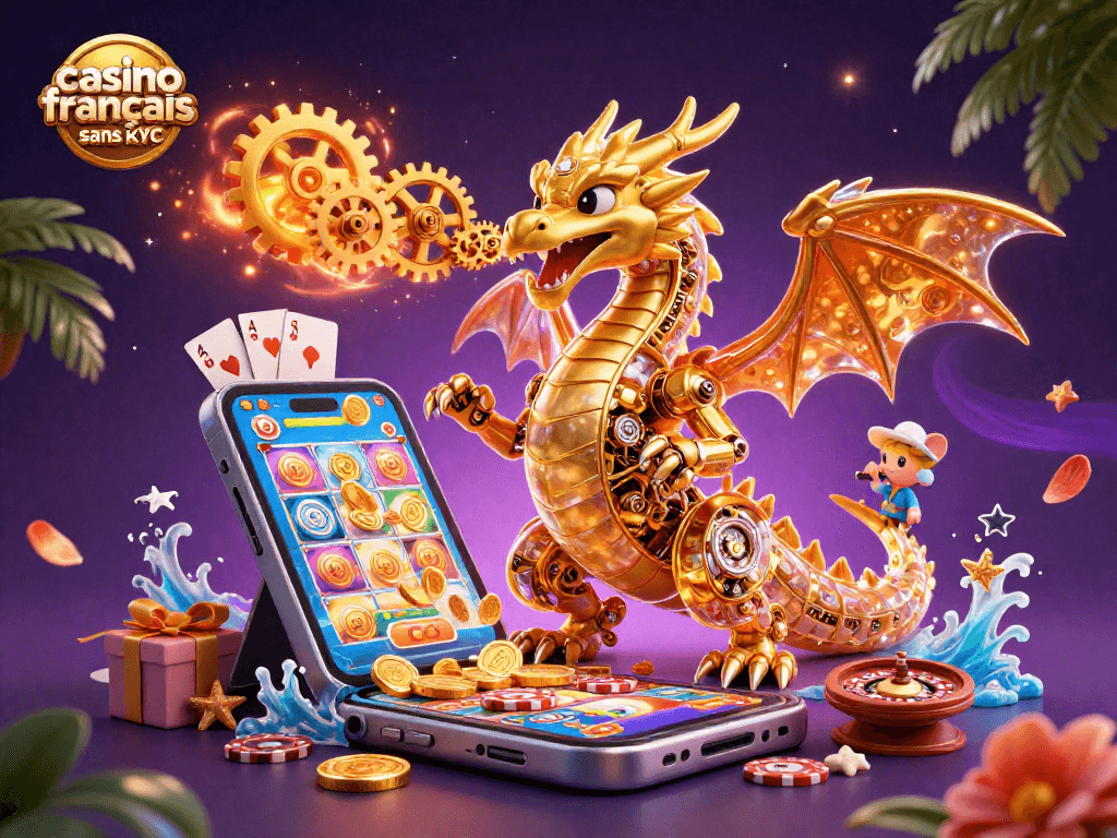 Découvrez l'expérience de jeu dans un casino français sans KYC avec un dragon doré et des éléments de jeux d'argent.