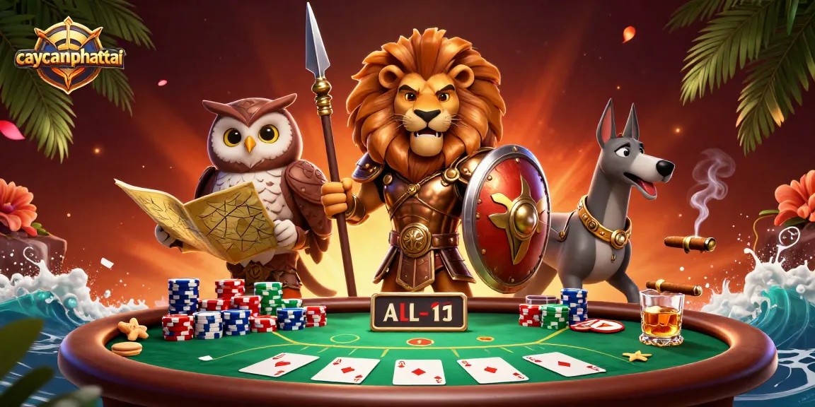 Experience thrilling gameplay with caycanhphattai, featuring a vibrant 3D scene of poker action and dynamic characters.