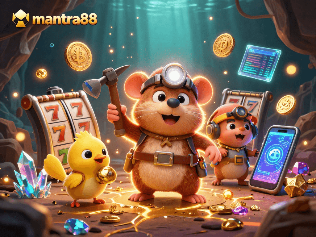Experience lucky wins at mantra88 with a vibrant illustration of slot reels and treasure hunters in action.