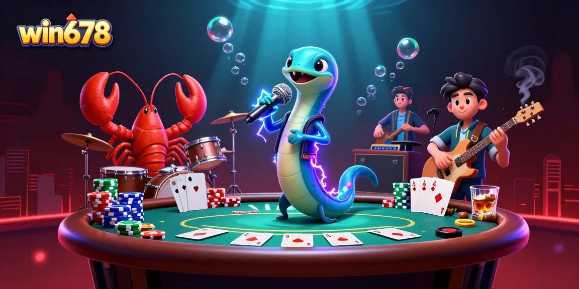 Win678 showcases a dynamic underwater casino scene with an electric eel DJ and vibrant gambling elements.