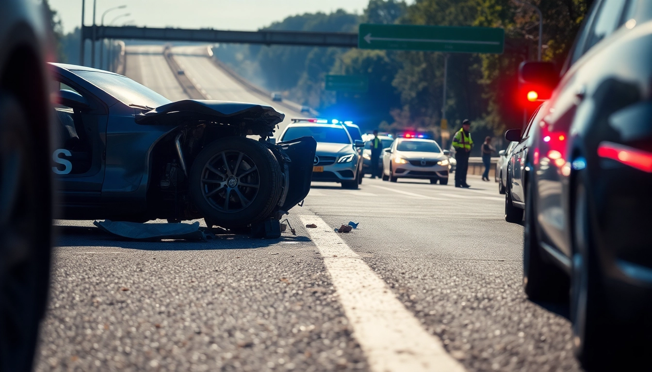 Road accident scene with emergency responders and wrecked vehicles highlighting road safety.