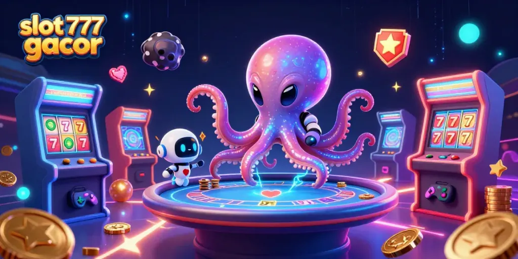 Menghadirkan slot 777 gacor dengan alien kartun mengoperasikan meja poker holografik, dikelilingi mesin arcade berwarna-warni.