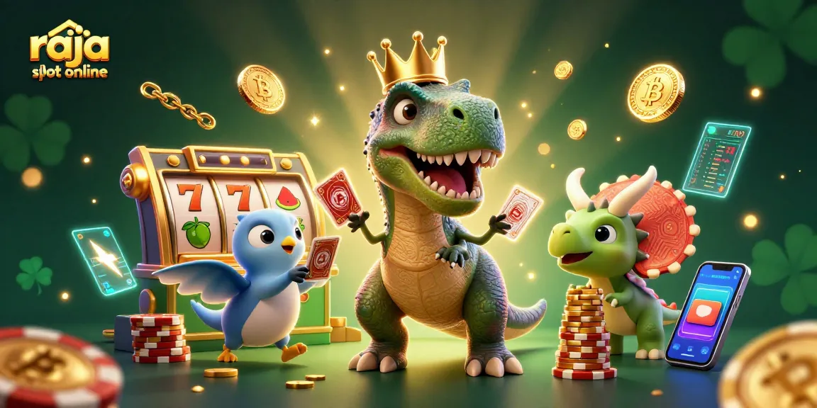 Experience gaming thrills with raja slot online featuring a cartoon T-Rex shuffling cards surrounded by vibrant casino elements.