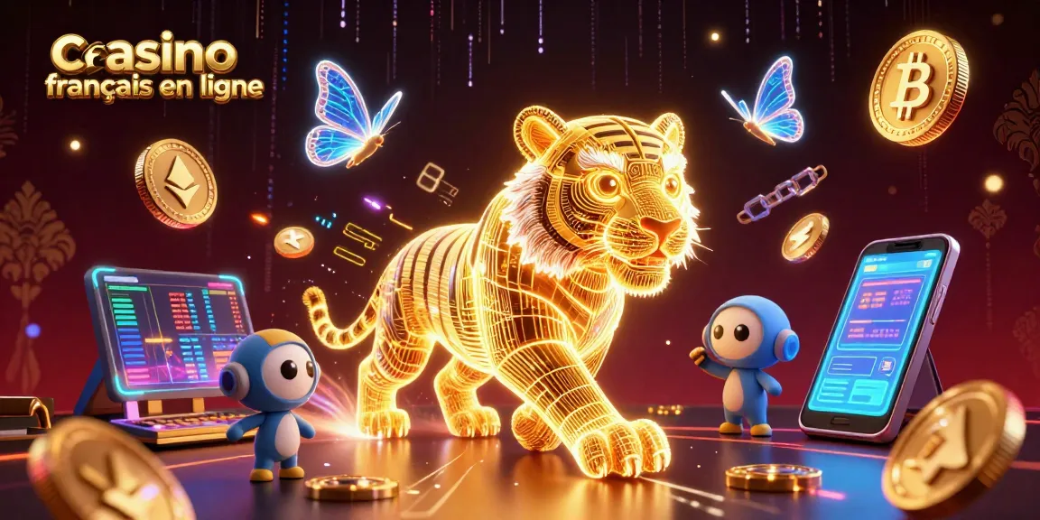 Admirez les jeux captivants du casino français en ligne, illustrés avec un tigre holographique énergique et des éléments de blockchain.
