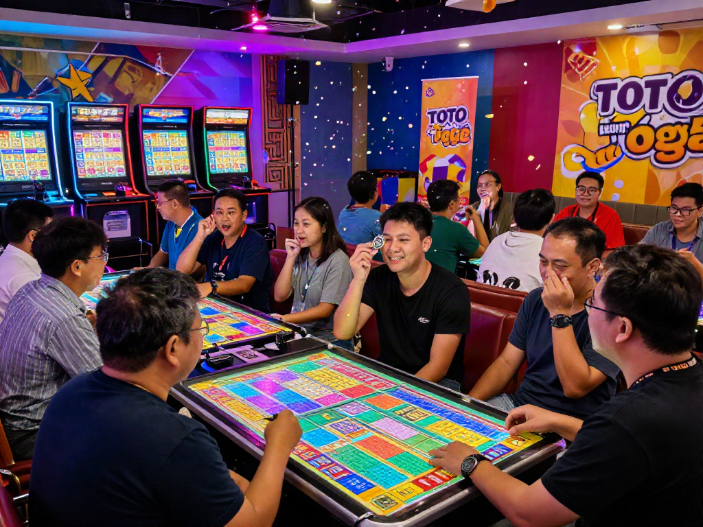 Exciting Toto Togel gaming atmosphere with players engaged in a joyful lottery event, colorful tickets and digital displays.