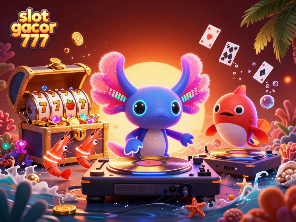 Experience the excitement of slot gacor 777 with a vibrant underwater DJ party illustration.