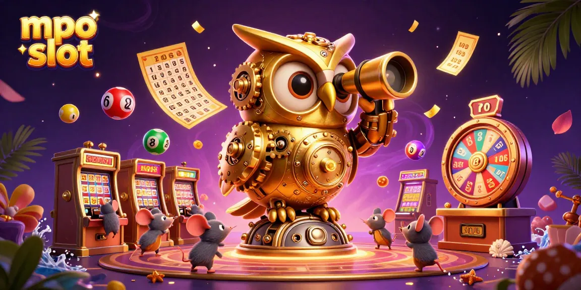 Engage with mpo slot as a captivating golden owl surveys a buzzing casino floor surrounded by vibrant game elements.
