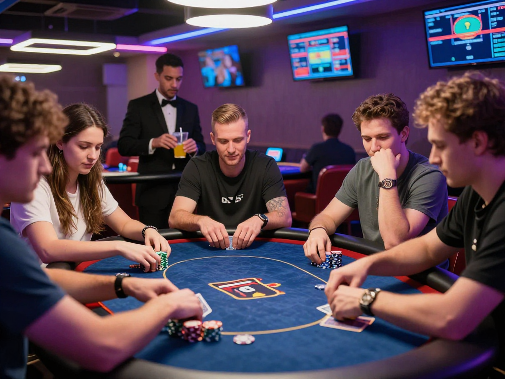 Poker88 players enjoying an exciting game at a modern casino table, showcasing intense competition and vibrant atmosphere.