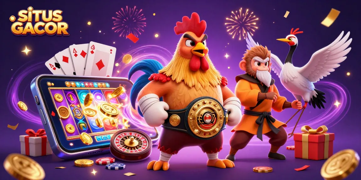 Engage with SITUS GACOR through a vibrant 3D casino illustration showcasing exciting game elements and characters.