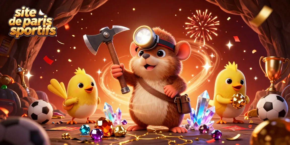 Plongez dans l'univers du site de paris sportifs avec un personnage de taupe chassant des trésors sous un décor animé.