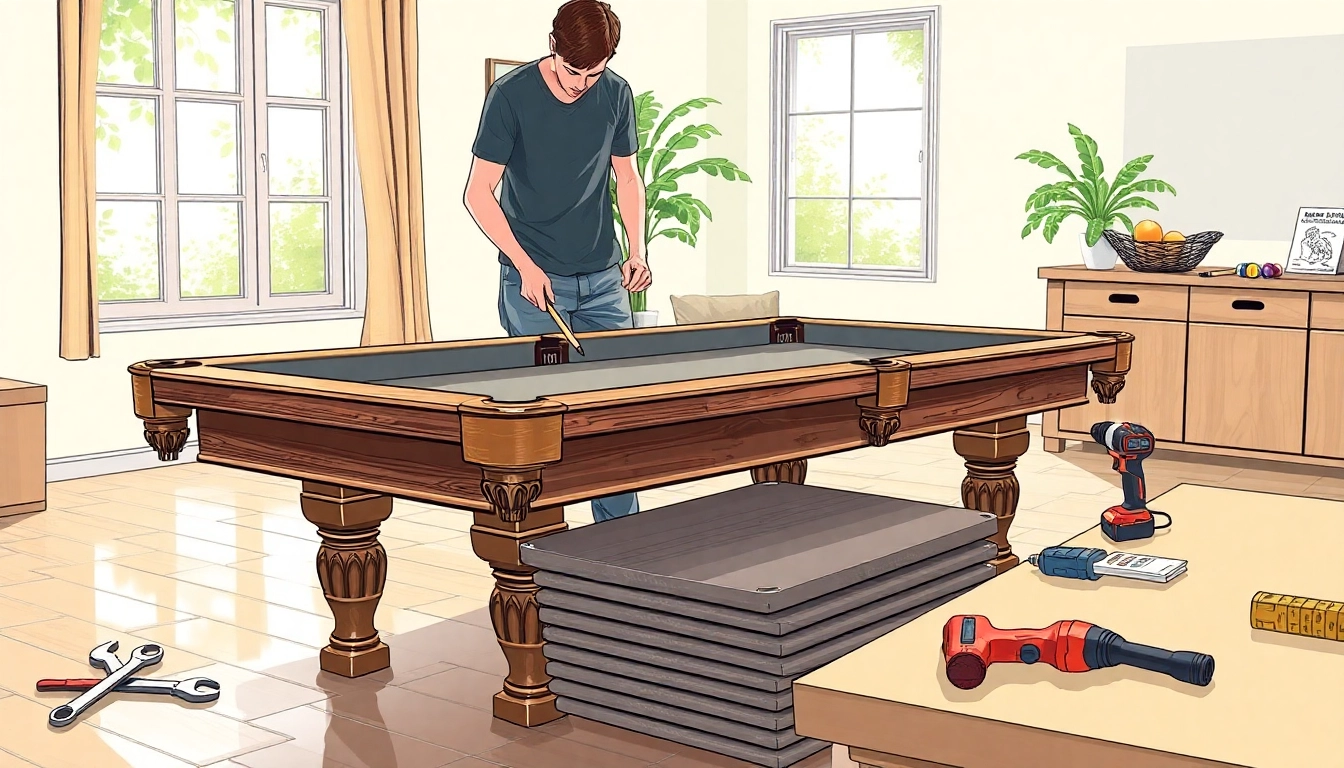 Pool Table Disassembly process, featuring a person disassembling the table step by step.