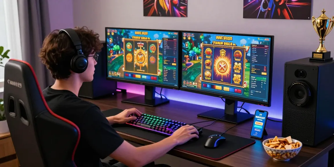 Platform HWGSLOT DAFTAR yang menampilkan pemain dalam suasana gaming modern dengan monitor dan peralatan gaming.