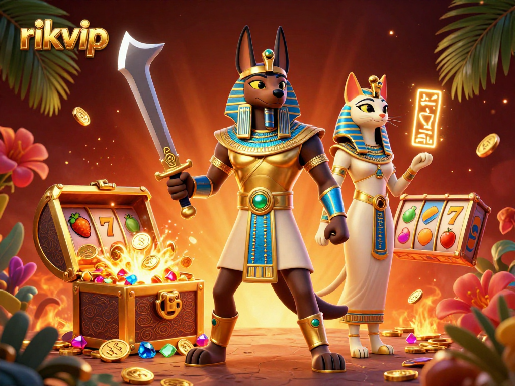 Experience winning fortune with rikvip through an illustrated Egyptian-themed casino adventure.