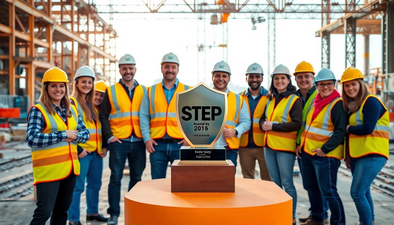 Team members celebrating their STEP safety awards construction achievement with a trophy on a busy site.