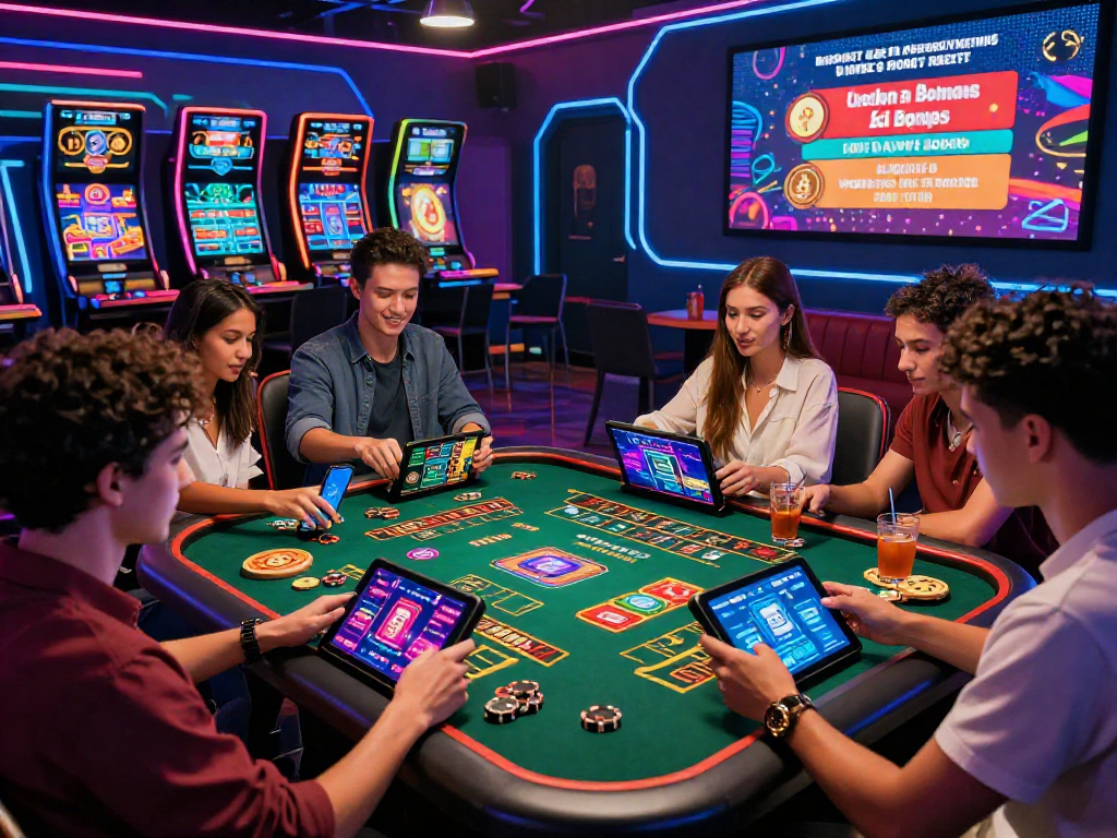 Exciting crypto casino gaming scene with friends using digital devices and vibrant LED displays.