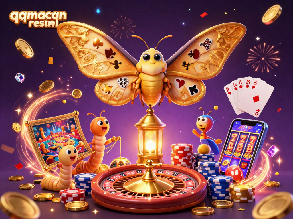 Experience the thrill of qqmacan resmi with dazzling casino elements amidst a vibrant 3D scene.