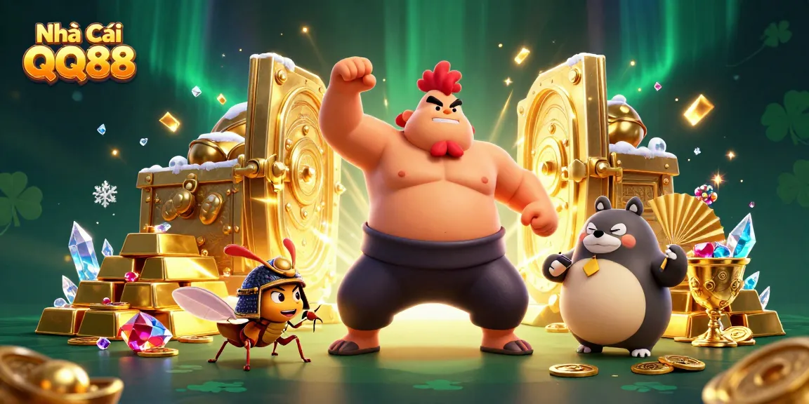 Engage with Nhà Cái QQ88's vibrant gaming atmosphere featuring sumo wrestling and treasure delights.
