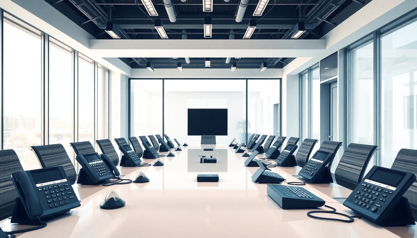 Showcasing business telephone systems in a modern office with collaborative setup and bright lighting.