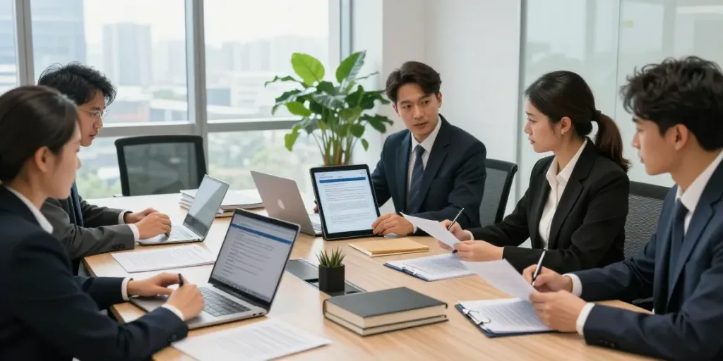 Lead Roedl team discussing legal strategies in a modern office.
