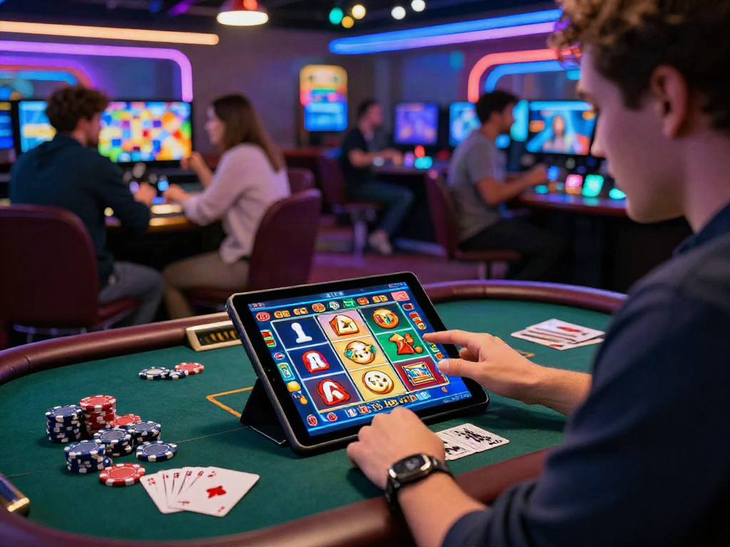 Exciting online casino scene highlighting rutanslot gameplay on tablet with colorful jackpots.